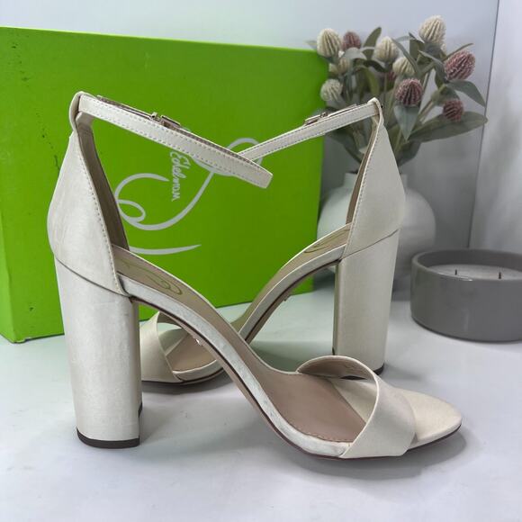 Sam Edelman Yaro Pearl/Ivory Satin Ankle Strap Block Heel Sandals Women's US 10W - Picture 5 of 13